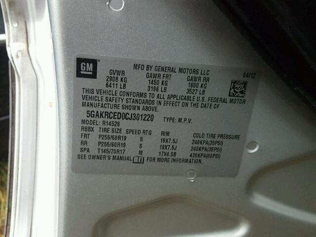 5GAKRCED0CJ301220 - 2012 BUICK ENCLAVE ვერცხლისფერი ფოტო 10