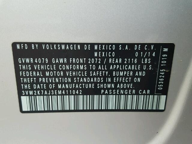3VW2K7AJ3EM411042 - 2014 VOLKSWAGEN JETTA BASE Արծաթագույն լուսանկար 10