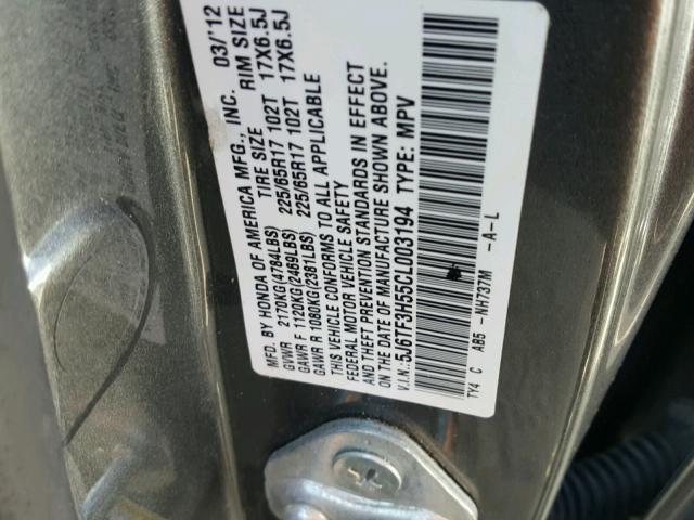 5J6TF3H55CL003194 - 2012 HONDA CROSSTOUR ნაცრისფერი ფოტო 10