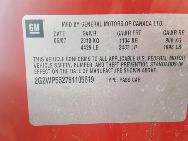 2G2WP552781105619 - 2008 PONTIAC GRAND PRIX წითელი ფოტო 10