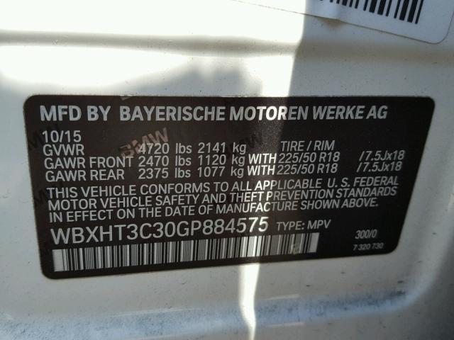 WBXHT3C30GP884575 - 2016 BMW X1 XDRIVE2 WHITE photo 10