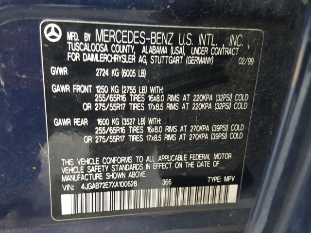 4JGAB72E7XA100628 - 1999 MERCEDES-BENZ ML 430 蓝色 照片 10