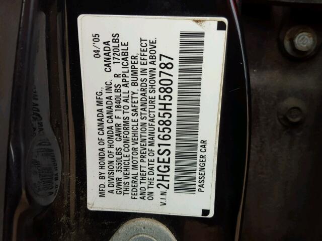 2HGES16585H580787 - 2005 HONDA CIVIC BLACK photo 10