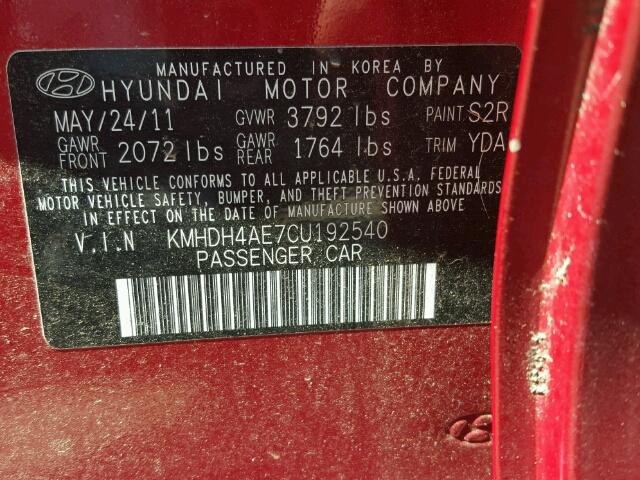 KMHDH4AE7CU192540 - 2012 HYUNDAI ELANTRA GL RED photo 10