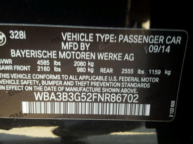 WBA3B3G52FNR86702 - 2015 BMW 328 XI BLACK photo 10