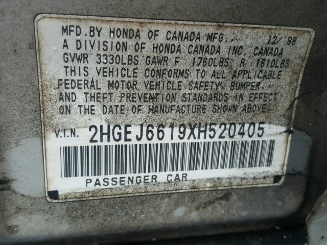 2HGEJ6619XH520405 - 1999 HONDA CIVIC BASE GRAY photo 10