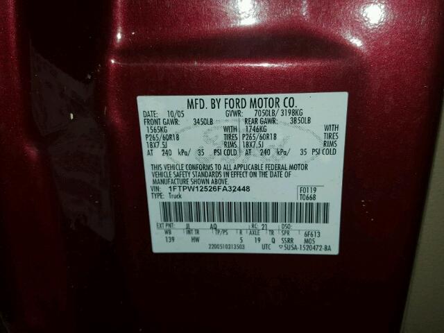 1FTPW12526FA32448 - 2006 FORD F150 BURGUNDY photo 10