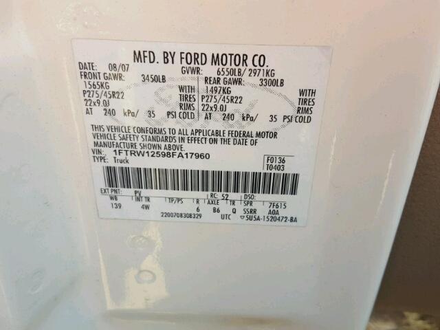 1FTRW12598FA17960 - 2008 FORD F150 SUPER WHITE photo 10