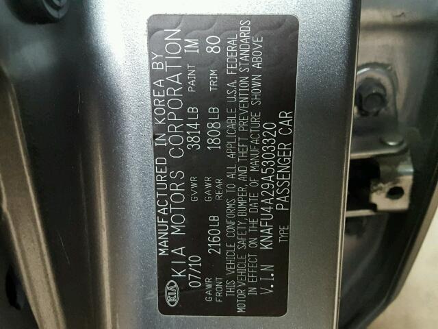 KNAFU4A29A5303320 - 2010 KIA FORTE EX GRAY photo 10