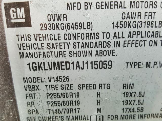 1GKLVMED1AJ115059 - 2010 GMC ACADIA SLT 棕色 照片 10