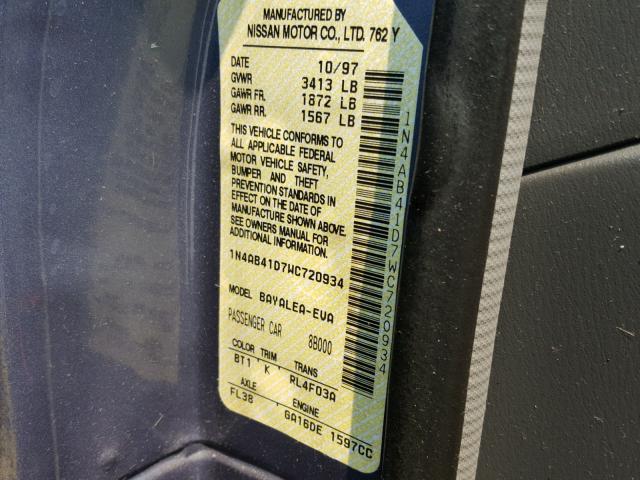 1N4AB41D7WC720934 - 1998 NISSAN SENTRA E BLUE photo 10