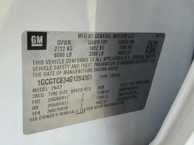 1GCGTCE34G1284361 - 2016 CHEVROLET COLORADO L WHITE photo 10