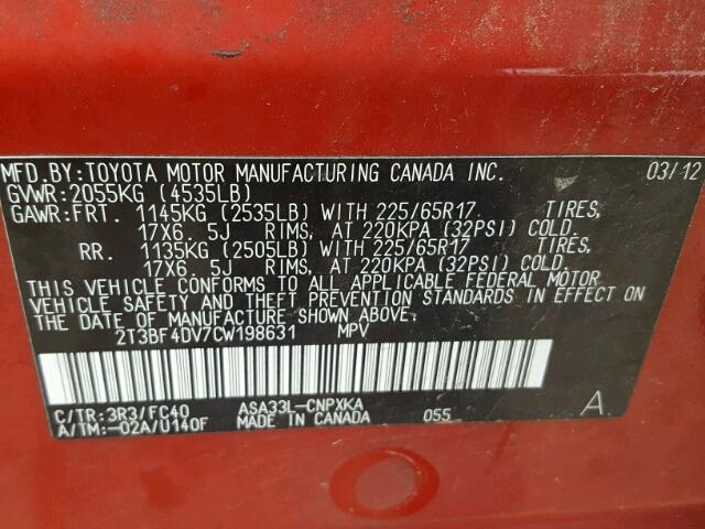 2T3BF4DV7CW198631 - 2012 TOYOTA RAV4 红色 照片 10