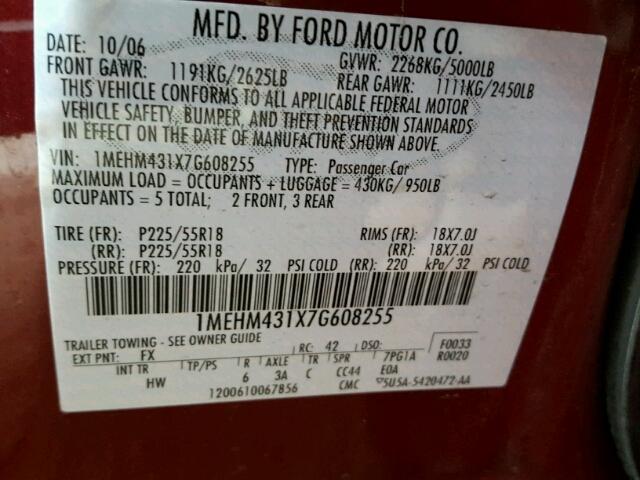 1MEHM431X7G608255 - 2007 MERCURY MONTEGO PR 红色 照片 10