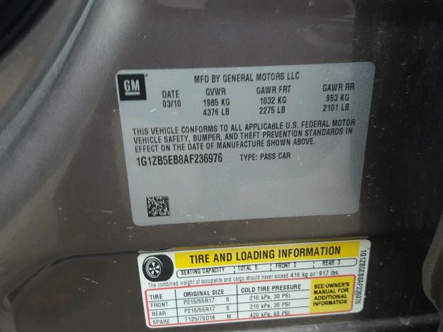 1G1ZB5EB8AF236976 - 2010 CHEVROLET MALIBU LS ყავისფერი ფოტო 10