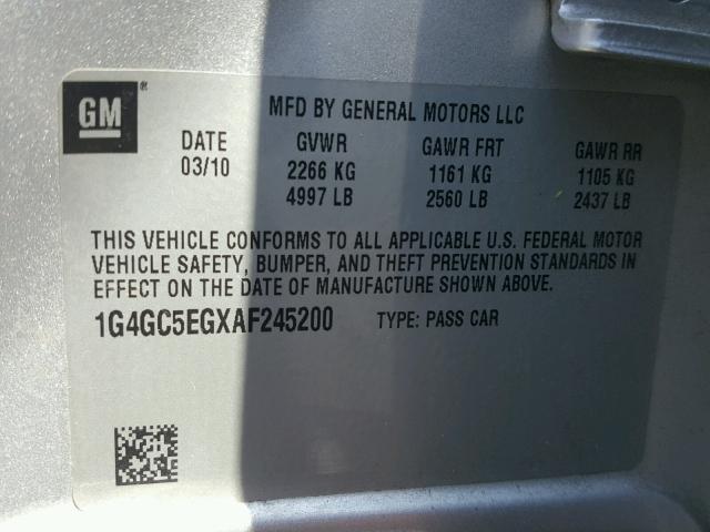 1G4GC5EGXAF245200 - 2010 BUICK LACROSSE C SILVER photo 10