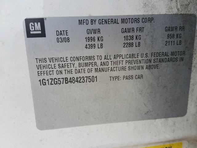 1G1ZG57B484237501 - 2008 CHEVROLET MALIBU LS WHITE photo 10