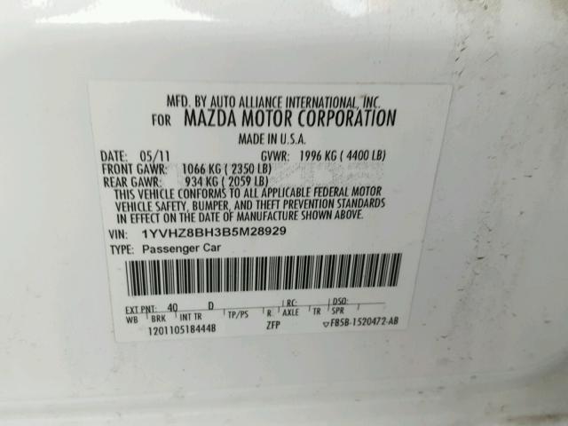 1YVHZ8BH3B5M28929 - 2011 MAZDA 6 I Білий фото 10