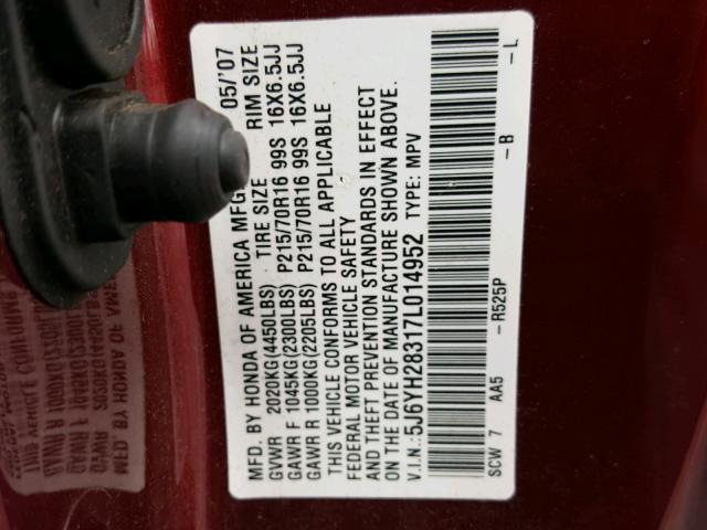 5J6YH28317L014952 - 2007 HONDA ELEMENT LX MAROON photo 10