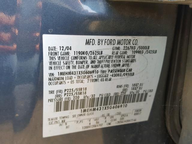 1MEHM431X5G606910 - 2005 MERCURY MONTEGO PR 蓝色 照片 10