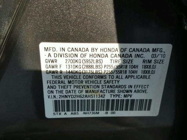 2HNYD2H62AH511342 - 2010 ACURA MDX TECHNO GRAY photo 10