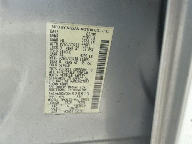 5N1BA08D38N626813 - 2008 NISSAN ARMADA SE SILVER photo 10