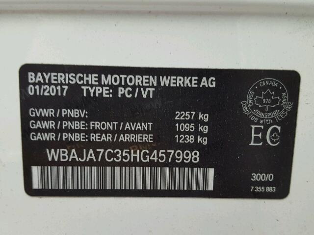 WBAJA7C35HG457998 - 2017 BMW 530 XI WHITE photo 10