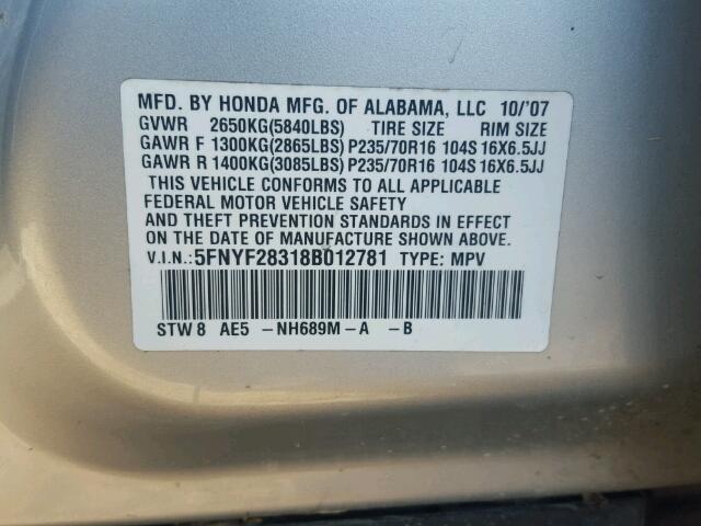 5FNYF28318B012781 - 2008 HONDA PILOT SE SILVER photo 10