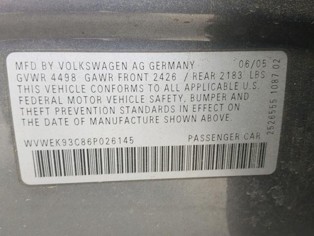 WVWEK93C86P026145 - 2006 VOLKSWAGEN PASSAT 2.0 GRAY photo 10