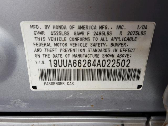 19UUA66264A022502 - 2004 ACURA TL SILVER photo 10