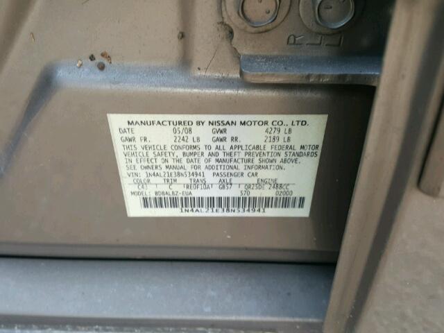 1N4AL21E38N534941 - 2008 NISSAN ALTIMA SILVER photo 10