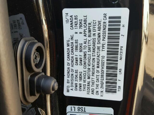 2HGFG3B50FH502710 - 2015 HONDA CIVIC LX BLACK photo 10