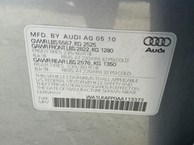 WA1LKAFP0AA113373 - 2010 AUDI Q5 PREMIUM GRAY photo 10