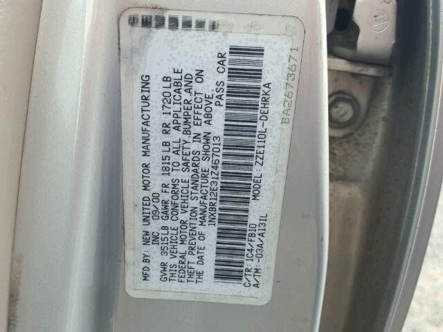 1NXBR12E31Z467013 - 2001 TOYOTA COROLLA SILVER photo 10