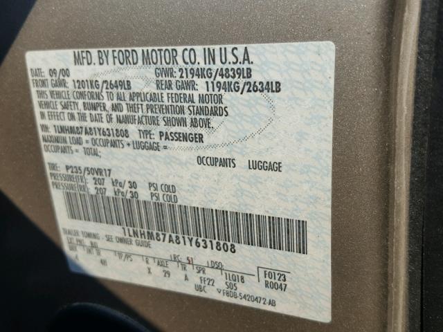 1LNHM87A81Y631808 - 2001 LINCOLN LS 米色 照片 10