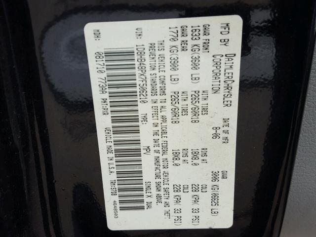 1D8HB48PX7F506210 - 2007 DODGE DURANGO SL BLACK photo 10