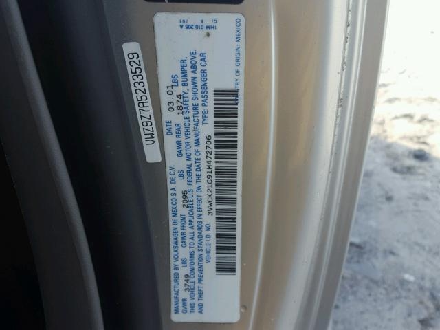 3VWCK21C91M472706 - 2001 VOLKSWAGEN NEW BEETLE 银色 照片 10