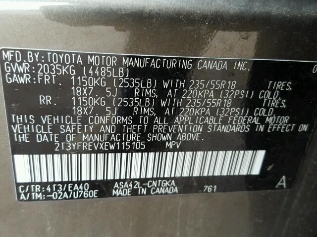 2T3YFREVXEW115105 - 2014 TOYOTA RAV4 LIMIT BROWN photo 10