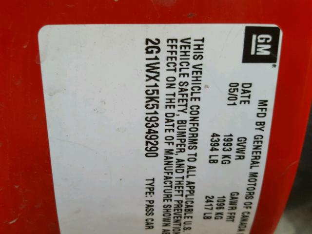 2G1WX15K519349290 - 2001 CHEVROLET MONTE CARL წითელი ფოტო 10