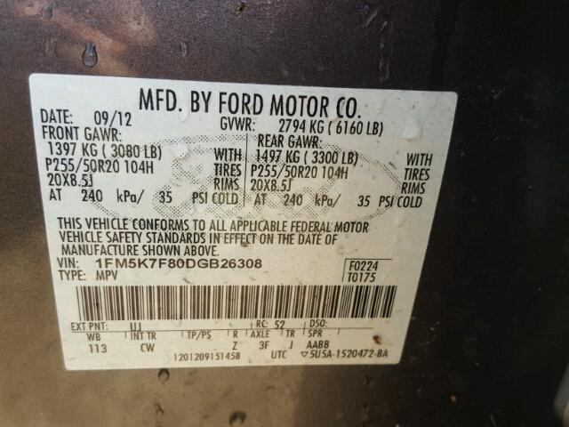 1FM5K7F80DGB26308 - 2013 FORD EXPLORER GRAY photo 10