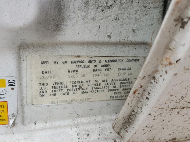 KL1TD56667B162697 - 2007 CHEVROLET AVEO BASE Biały zdjęcie 10