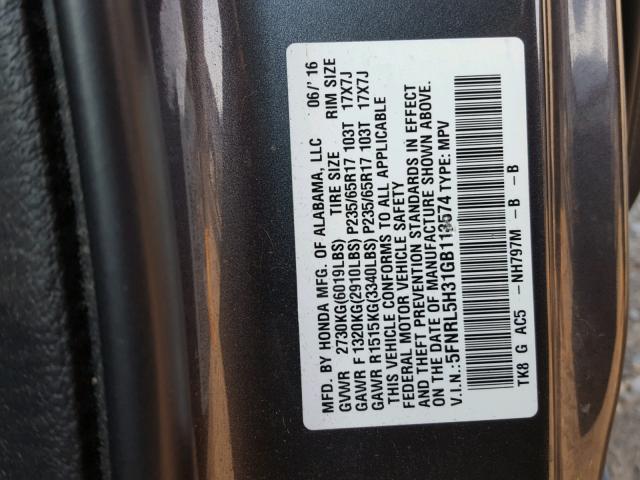 5FNRL5H31GB113574 - 2016 HONDA ODYSSEY SE GRAY photo 10