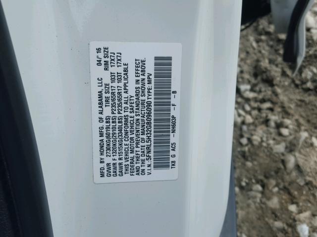 5FNRL5H32GB096090 - 2016 HONDA ODYSSEY SE WHITE photo 10