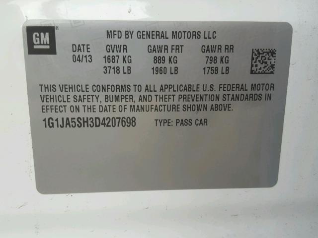 1G1JA5SH3D4207698 - 2013 CHEVROLET SONIC LS 白色 照片 10