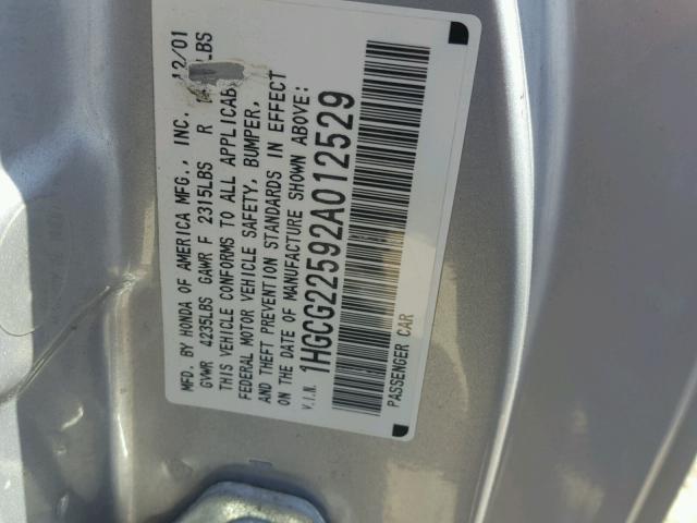 1HGCG22592A012529 - 2002 HONDA ACCORD EX SILVER photo 10