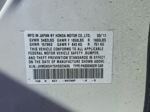 JHMGK5H75HS023635 - 2017 HONDA FIT EX WHITE photo 10