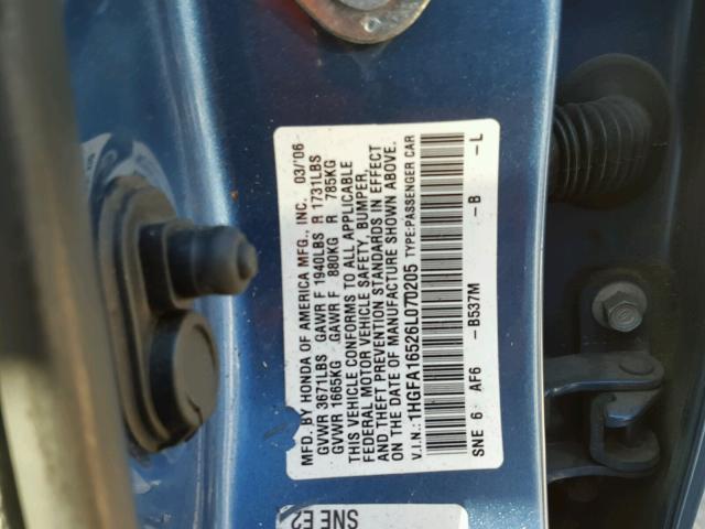 1HGFA16526L070205 - 2006 HONDA CIVIC BLUE photo 10