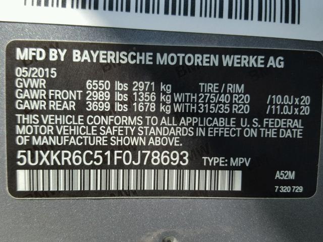 5UXKR6C51F0J78693 - 2015 BMW X5 XDRIVE5 GRAY photo 10