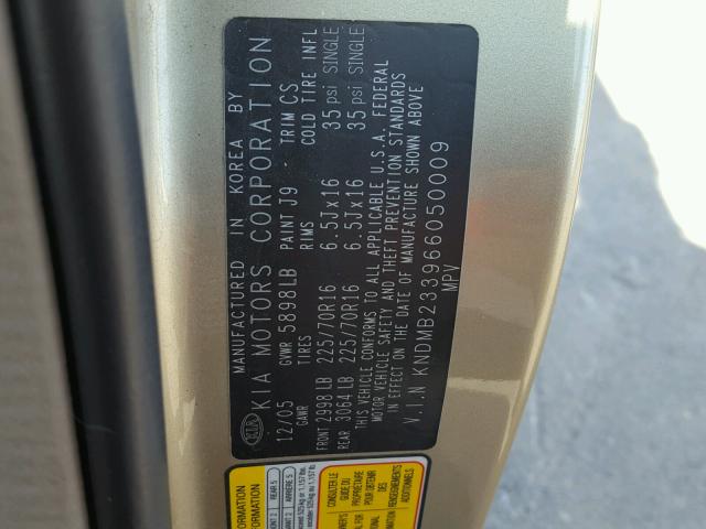 KNDMB233966050009 - 2006 KIA SEDONA EX GOLD photo 10