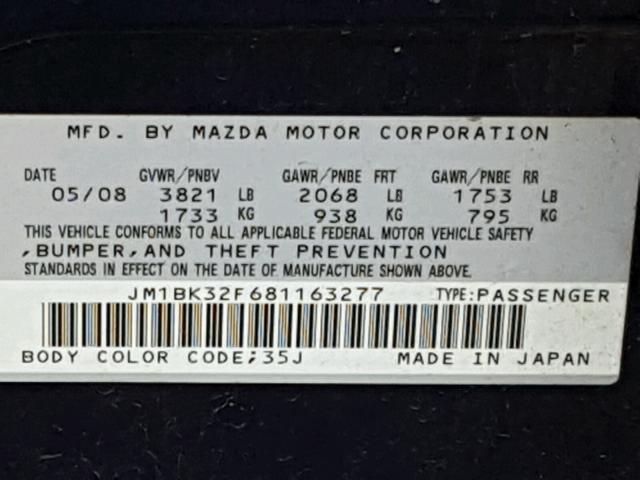 JM1BK32F681163277 - 2008 MAZDA 3 I BLUE photo 10